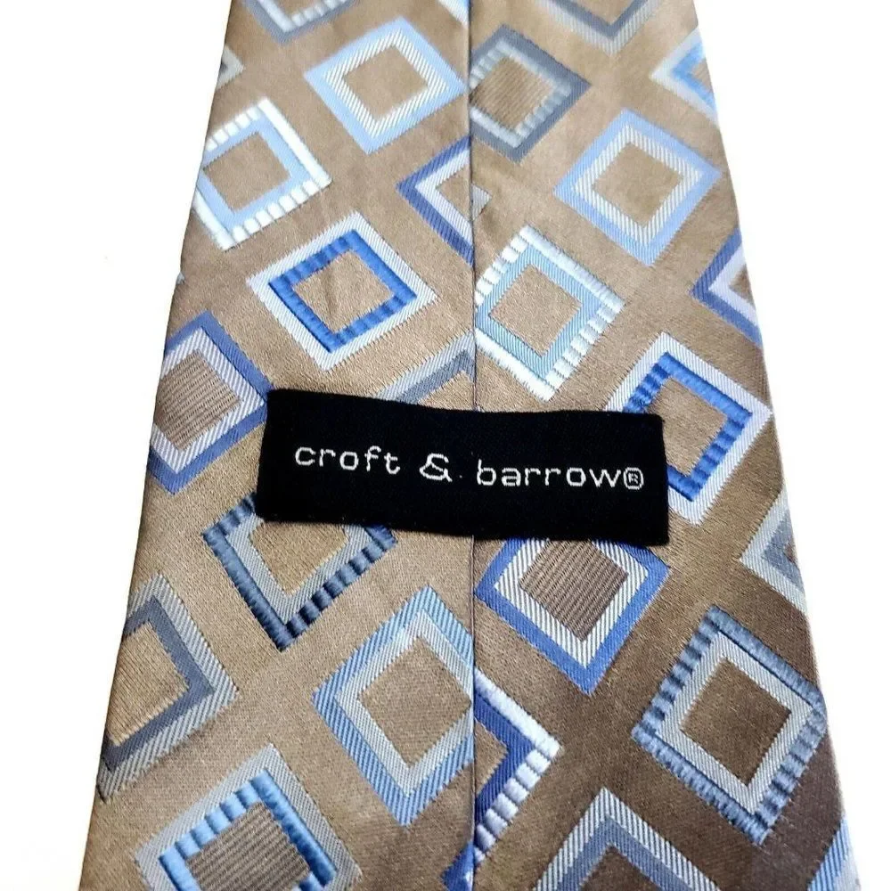 Croft & Barrow Beige Blue‎ Woven Geometric Silk Tie Stain Resistant